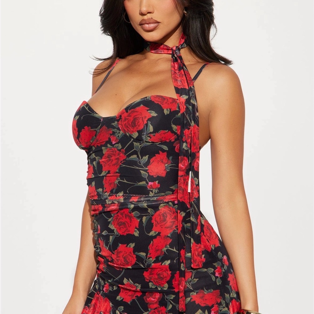 Fashion Nova Black and Red Floral High Low Dress